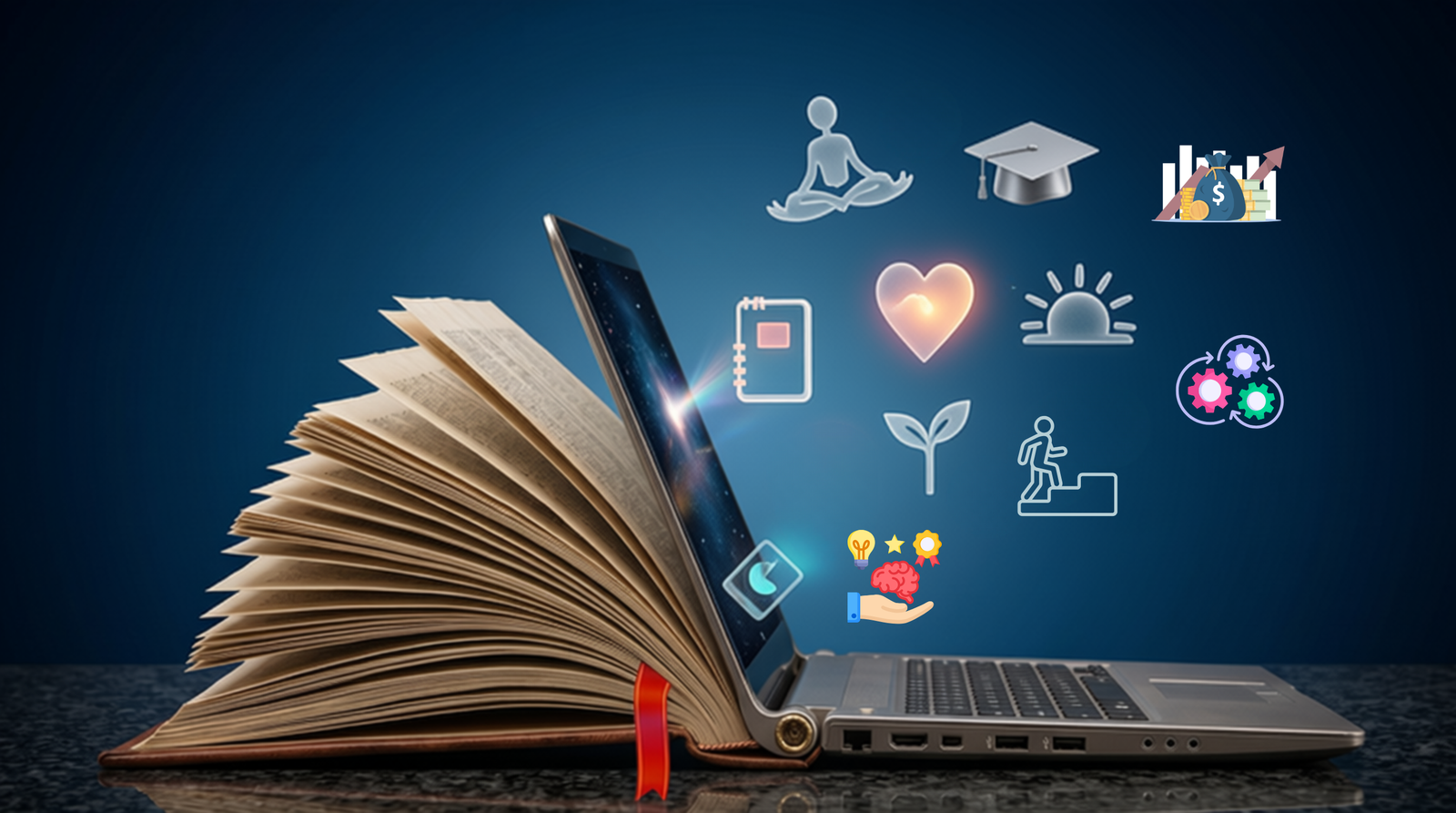 Open book and laptop representing Path2Love digital tools and relationship resources